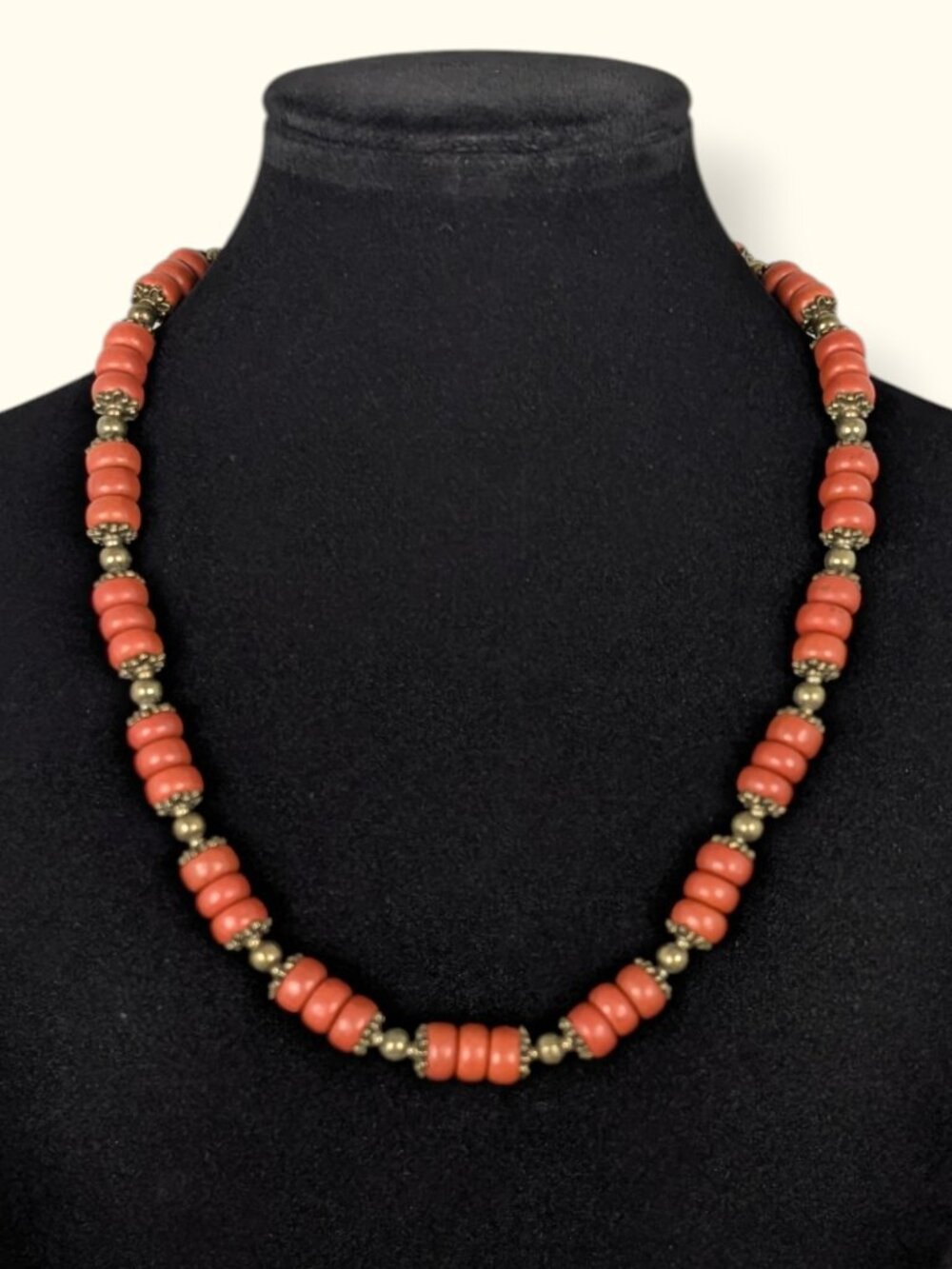 Brass Tone Red Jasper Rondelle Beaded Necklace